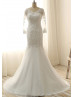 Ivory Lace Tulle Long Sleeves Keyhole Back Mermaid Wedding Dress 